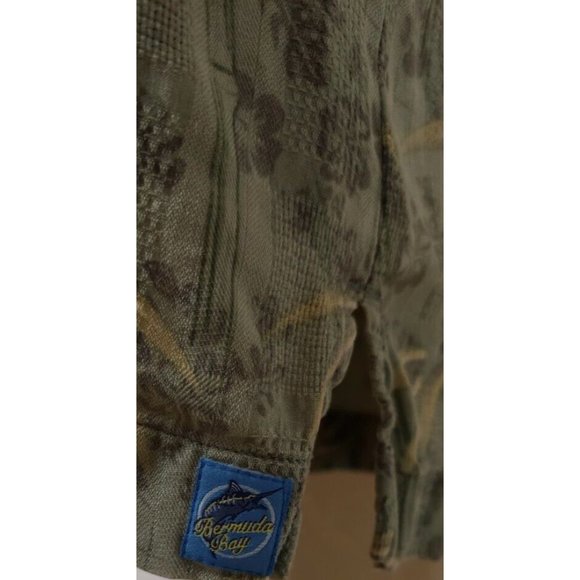 Bermuda Bay Large Green Floral Palm Trees Hawaiian Tropical Silk Button Shirt - Picture 5 of 11